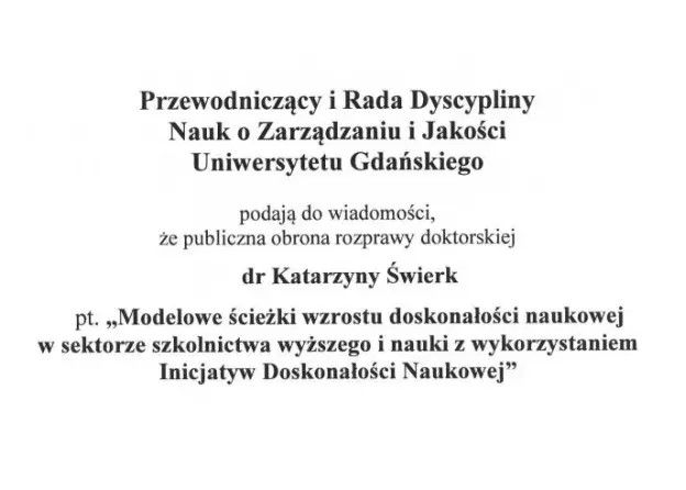 Publiczna obrona rozprawy doktorskiej dr Katarzyny Świerk